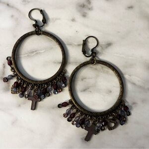 Vintage Bronze Hoop Earrings with Purple Accents